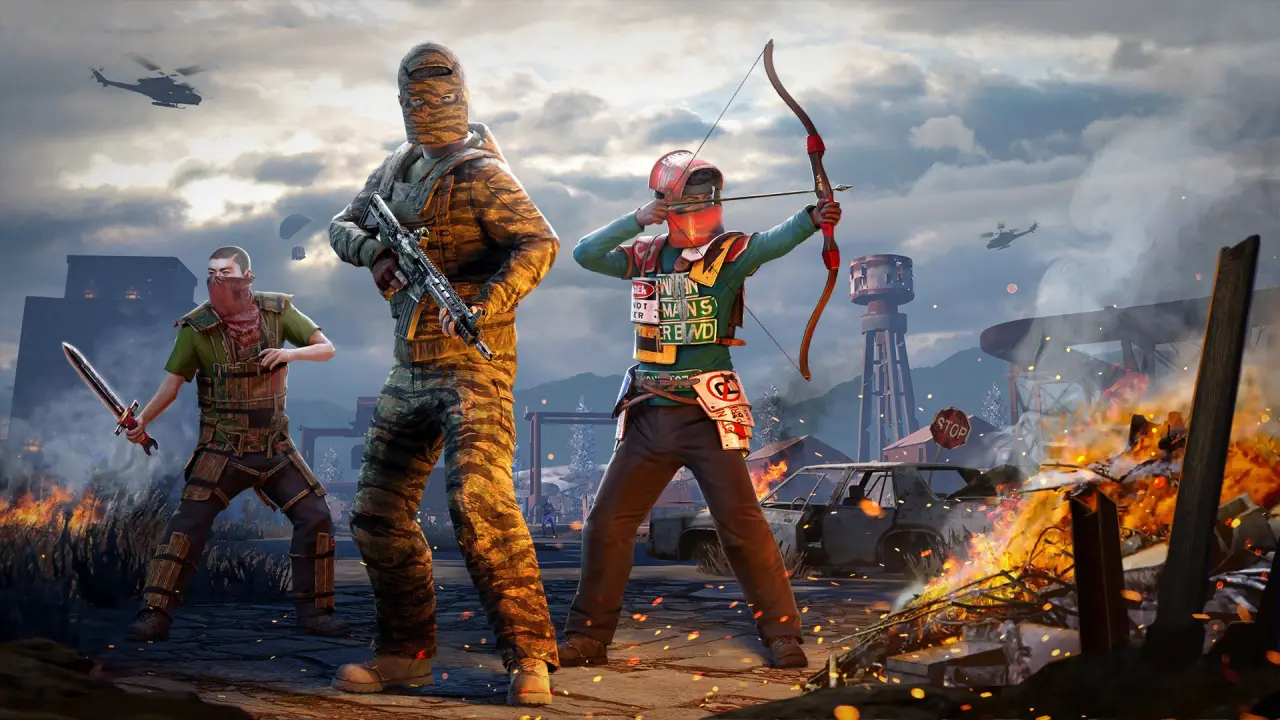 Three Rust survivors with a bow, a rifle and a machete in front of a burning outpost
